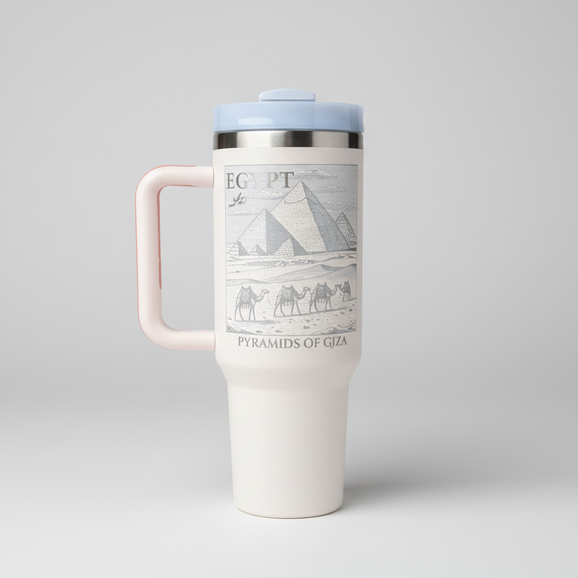 Travel mug with pyramids design and 'Egypt' text on a light gray background