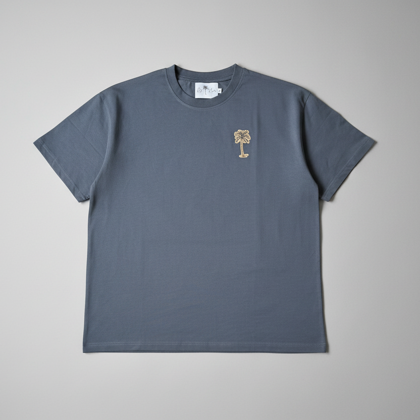 Gray t-shirt with a small logo on a gray background