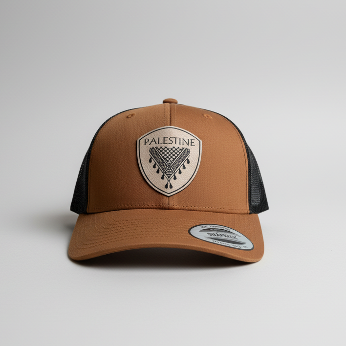 Brown cap with 'Palestine' emblem on a gray background
