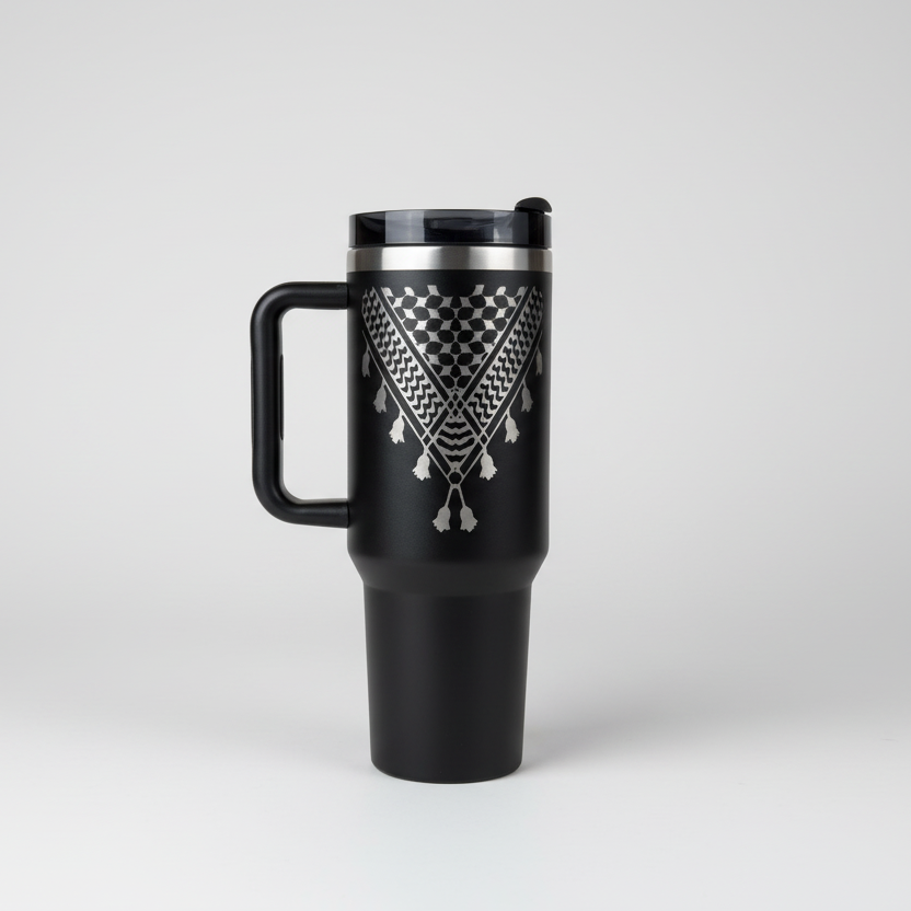 Black travel mug with a geometric pattern on a white background