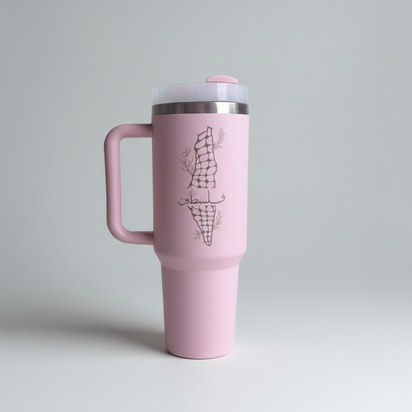 Pink travel mug with handle on a light gray background